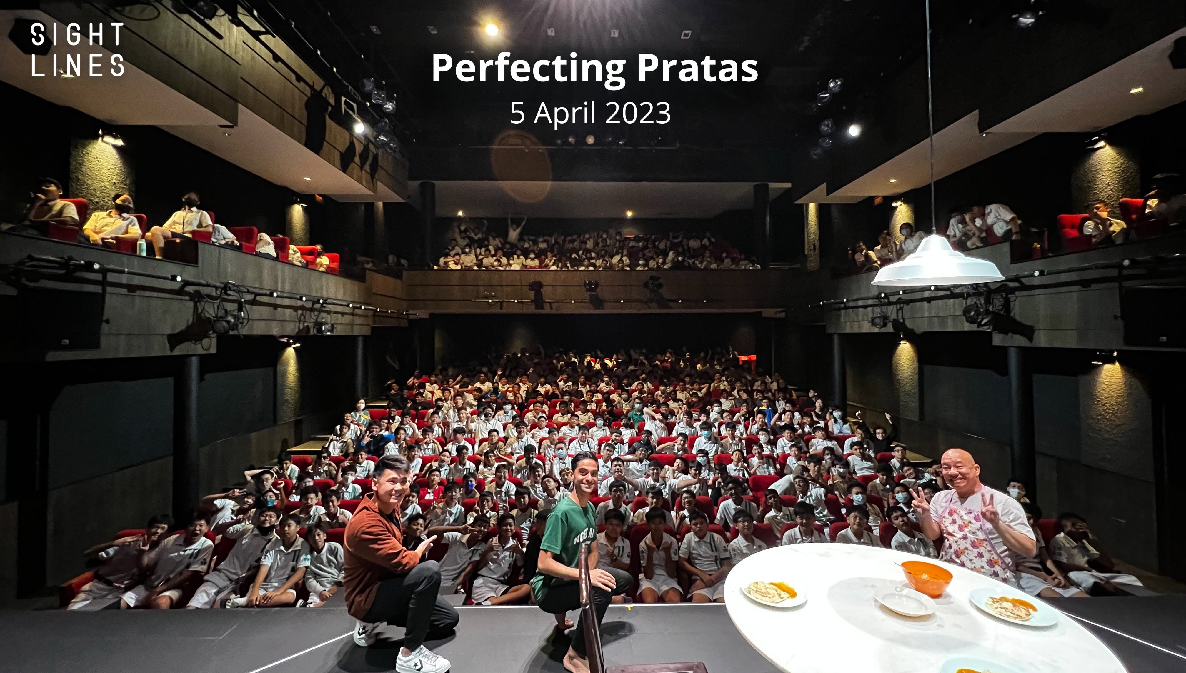 Three performers pose on stage before a packed theater audience at the Perfecting Pratas event on 5 April 2023.